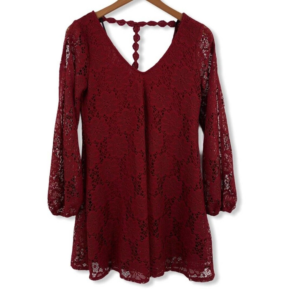 Jodi Kristopher Burgundy Lace Plunge Back‎ Dress S